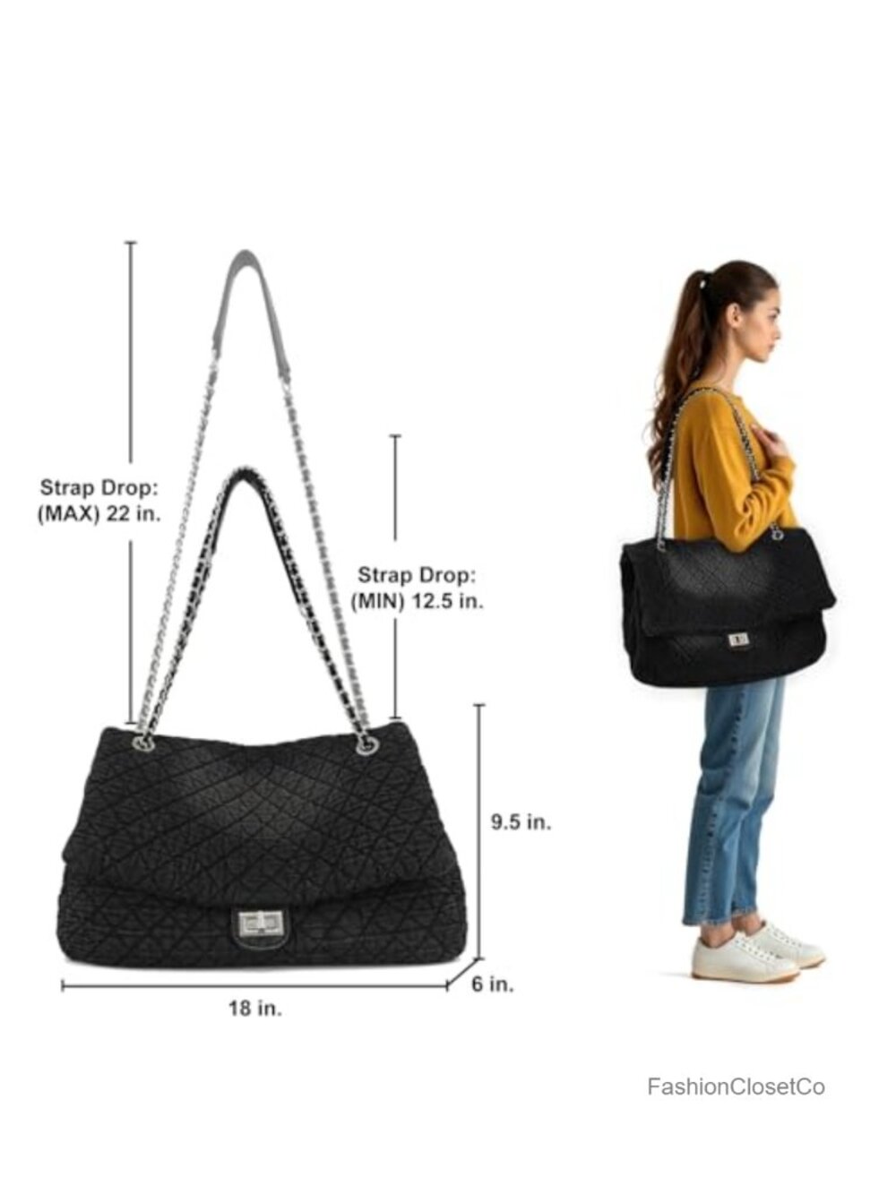 Extra Large Quilted Denim Hobo Bag with Chain Straps and Flap Closure for Travel - Picture 5 of 6